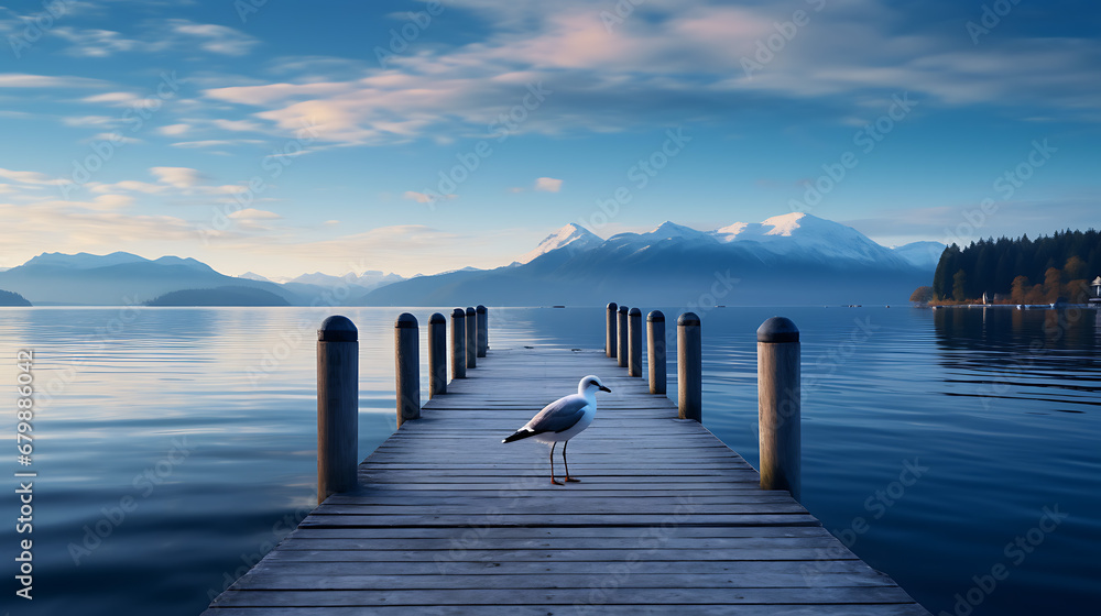 A wooden pier with a boat in the background, a bird flying