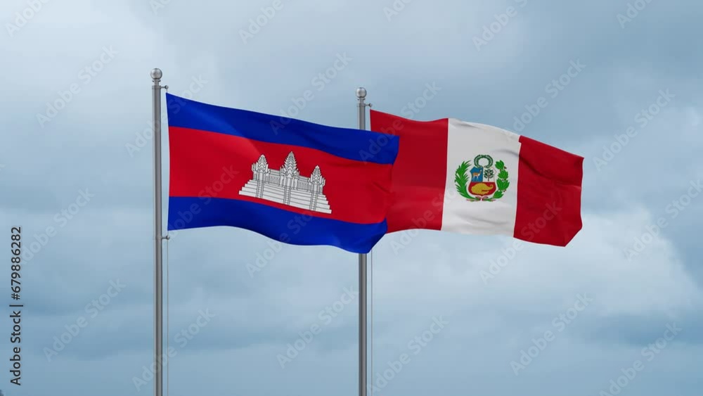 Peru and Cambodia flag waving together on cloudy sky, endless seamless loop, two country cooperation concept Peru and Cambodia flag waving together on cloudy sky, endless seamless loop, two country cooperation concept
