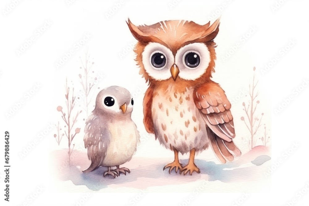 Cute watercolor birds, owl and eagle owl in cartoon style, pastel colors. Illustration isolated on white background. Design elements for print, card, greeting card, scrapbooking