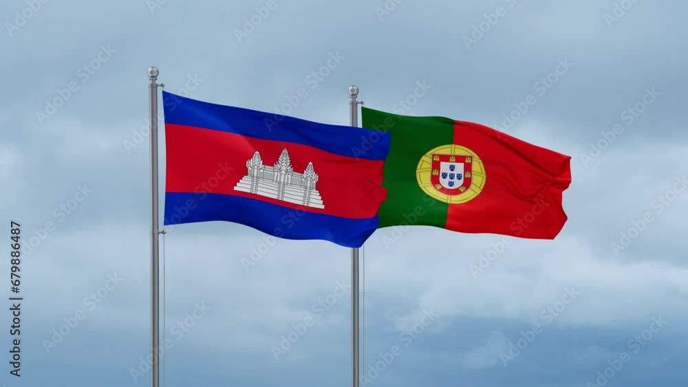 Portugal and Cambodia flag waving together on cloudy sky, endless seamless loop, two country cooperation concept Portugal and Cambodia flag waving together on cloudy sky, endless seamless loop, two country cooperation concept