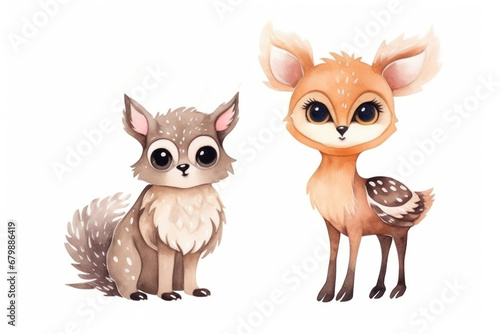 Cute animals, fawn and little fox in watercolor cartoon style, pastel colors. Illustration isolated on a white background. Design elements for print, card, greeting card, scrapbooking