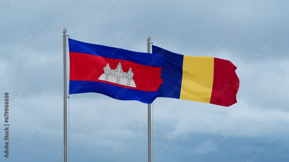 Romania and Cambodia flag waving together on cloudy sky, endless seamless loop, two country cooperation concept Romania and Cambodia flag waving together on cloudy sky, endless seamless loop, two country cooperation concept