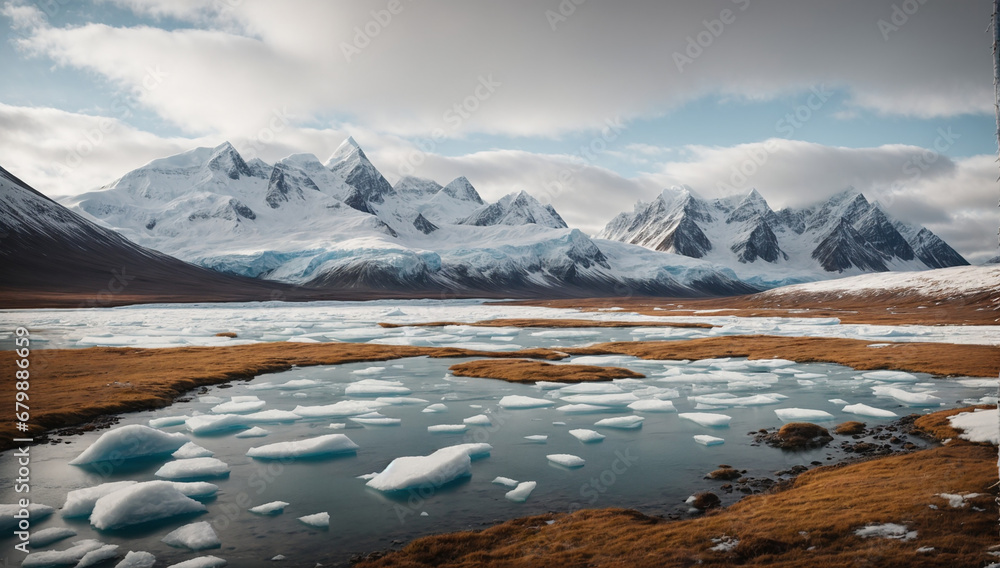 Pristine and untouched Arctic wilderness, with frozen lakes and snow-covered peaks - AI Generative