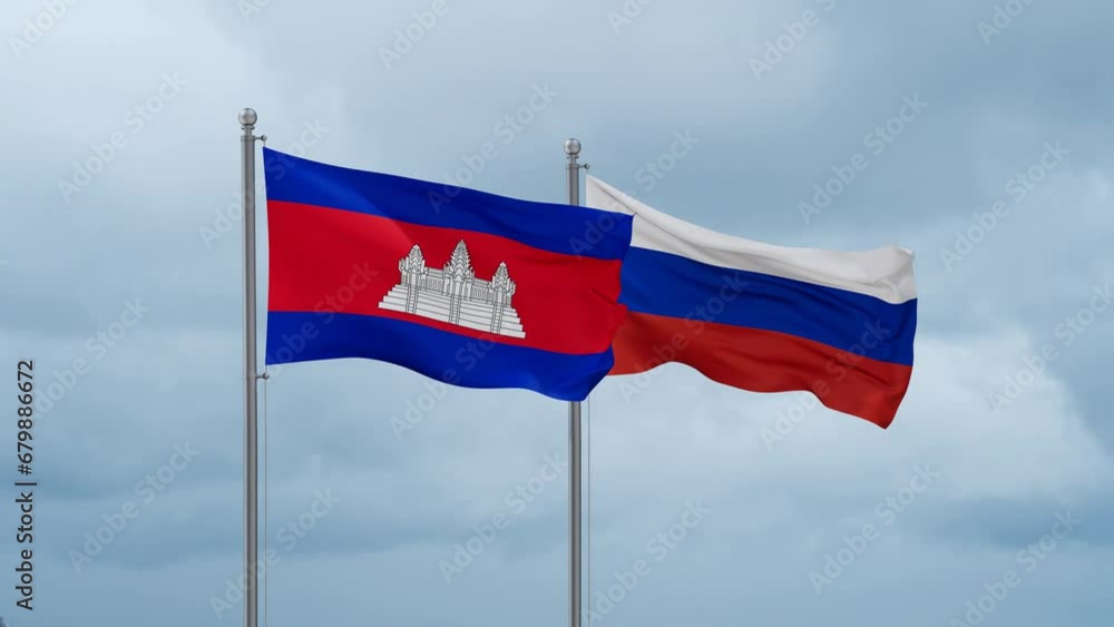 Russian Federation and Cambodia flag waving together on cloudy sky, endless seamless loop Russian Federation and Cambodia flag waving together on cloudy sky, endless seamless loop