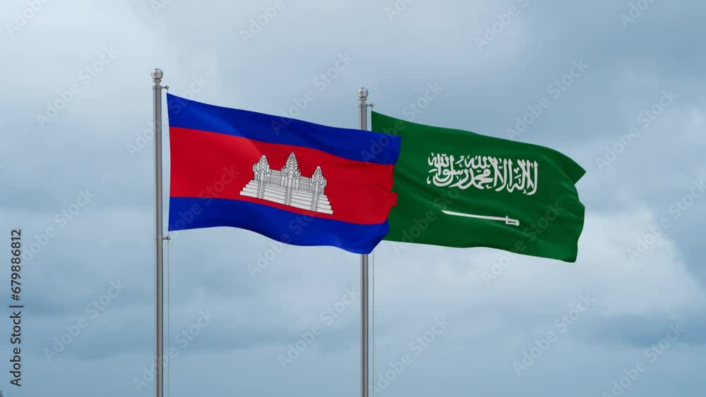Cambodia and Saudi Arabia flags waving together on cloudy sky, endless seamless loop Cambodia and Saudi Arabia flags waving together on cloudy sky, endless seamless loop