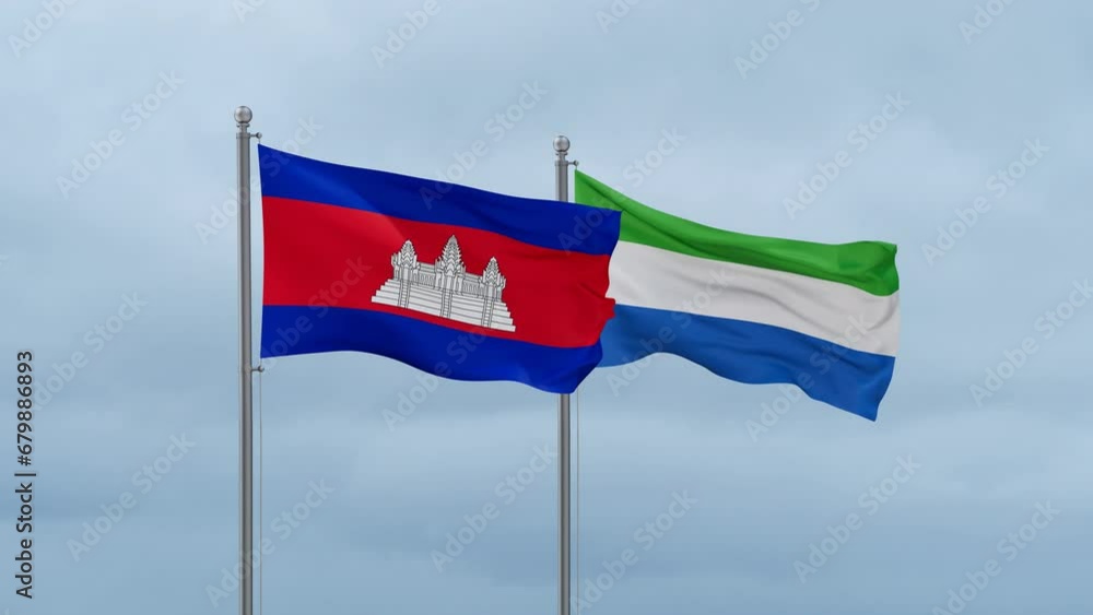 Sierra Leone or Salone and Cambodia flag waving together on cloudy sky, endless seamless loop, two country cooperation concept Sierra Leone or Salone and Cambodia flag waving together on cloudy sky, endless seamless loop, two country cooperation concept