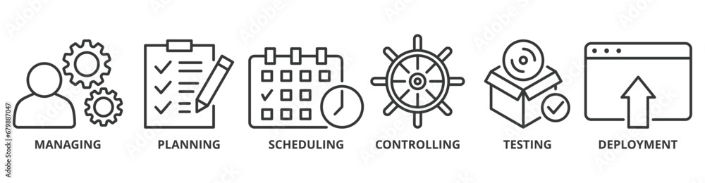 Release management banner web icon vector illustration concept with icon of managing, planning, scheduling, controlling, testing and deployment Release management banner web icon vector illustration concept with icon of managing, planning, scheduling, controlling, testing and deployment