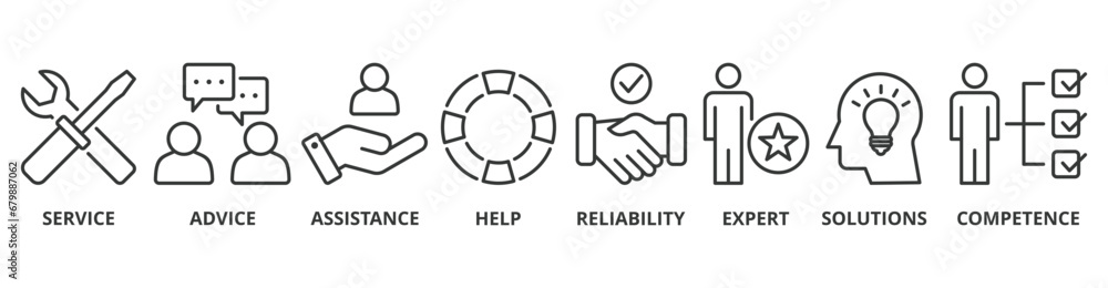 Support banner web icon vector illustration concept with icon of service, advice, assistance, help, reliability, expert, solutions and competence - obrazy, fototapety, plakaty 