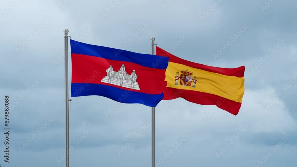 Spain and Cambodia flag waving together on cloudy sky, endless seamless loop, two country cooperation concept Spain and Cambodia flag waving together on cloudy sky, endless seamless loop, two country cooperation concept