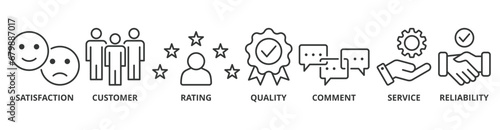 Feedback banner web icon vector illustration concept with icon of satisfaction, customer, rating, quality, comment, service and reliability