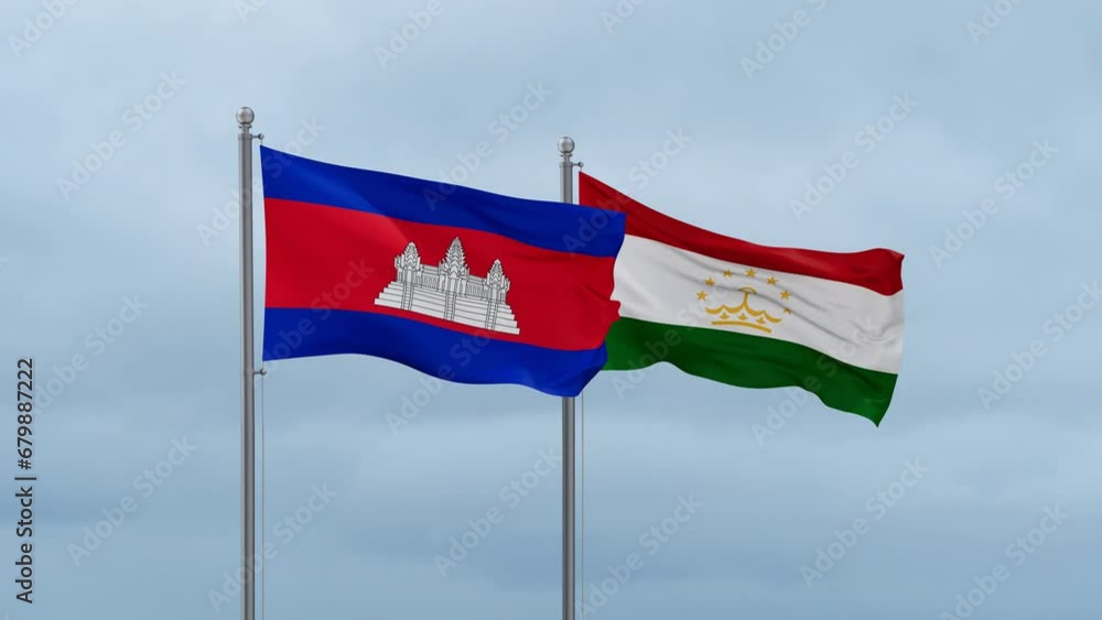 Tajikistan and Cambodia flag waving together on cloudy sky, endless seamless loop, two country cooperation concept Tajikistan and Cambodia flag waving together on cloudy sky, endless seamless loop, two country cooperation concept