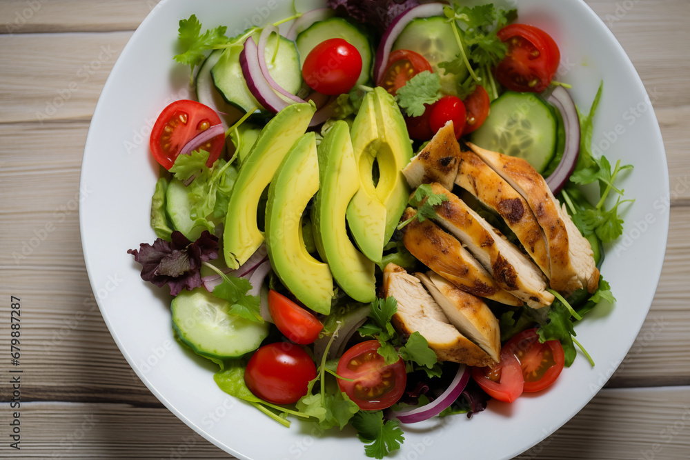 Fresh and nutritious salad with grilled chicken, avocado slices, cherry tomatoes, cucumber, and red onion on a white plate, perfect for a healthy meal. Fresh and nutritious salad with grilled chicken, avocado slices, cherry tomatoes, cucumber, and red onion on a white plate, perfect for a healthy meal.