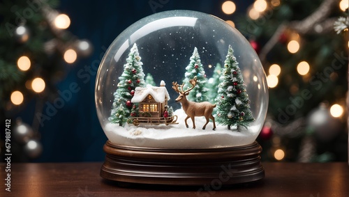 A magical snow globe with miniature reindeer pulling a tiny sleigh around a miniature Christmas tree
