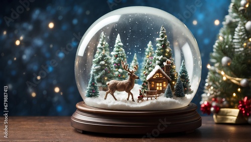 A magical snow globe with miniature reindeer pulling a tiny sleigh around a miniature Christmas tree