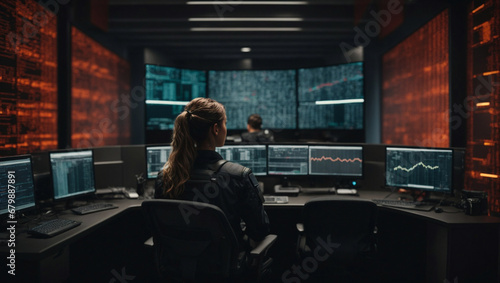 Vigilant cybersecurity professional guarding a digital fortress, surrounded by walls of code and firewalls, defending against cyber threats and breaches. Cybersecurity concept background. Copy space. photo