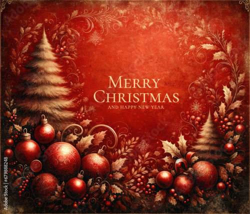 Vintage Christmas background with red ornaments and snowflakes on a grunge texture. Merry Christmas card. Generative ai.