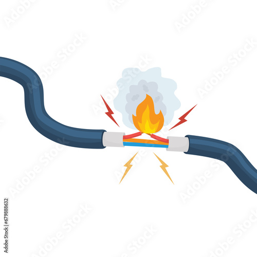 Broken cable burning electric short circuit with fire and flame