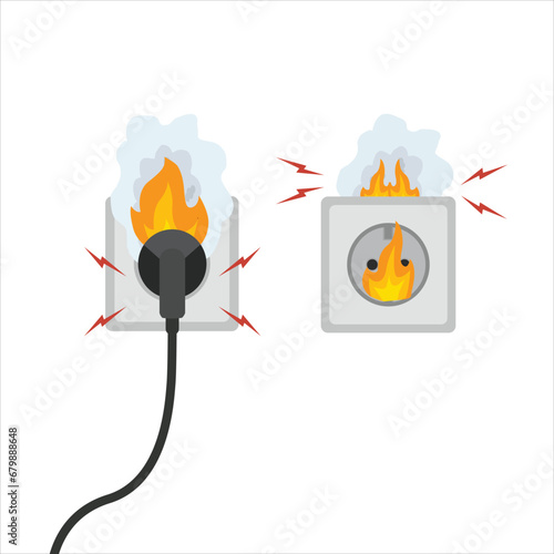 Short circuit electric socket and plug with burning fire and smoke