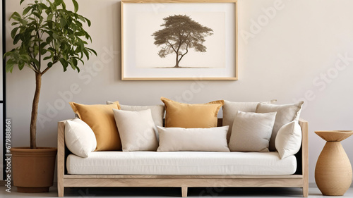 Rustic sofa next to potted houseplant against beige wall with frame poster. Scandinavian home interior design of modern living room in farmhouse, Generative AI
