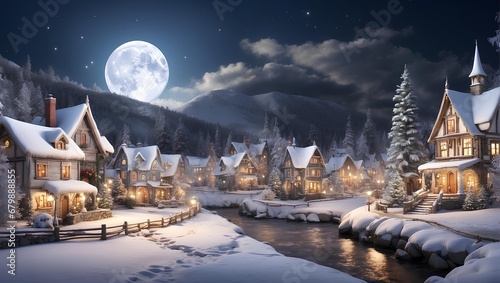 A peaceful winter night with a bright full moon casting a soft glow on a snowy Christmas village. Generative AI