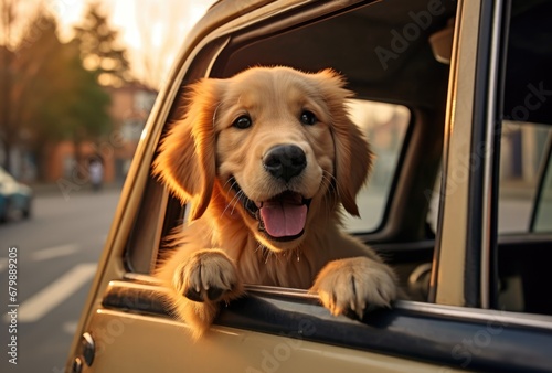 A cute golden retriever dog is traveling by car with their family on weekend trip.