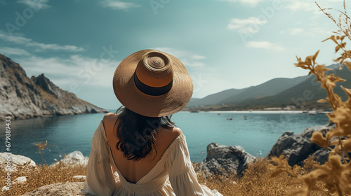 back view of woman in summer sun hat standing by sea or ocean water an looking at nature, follow me concept © goami