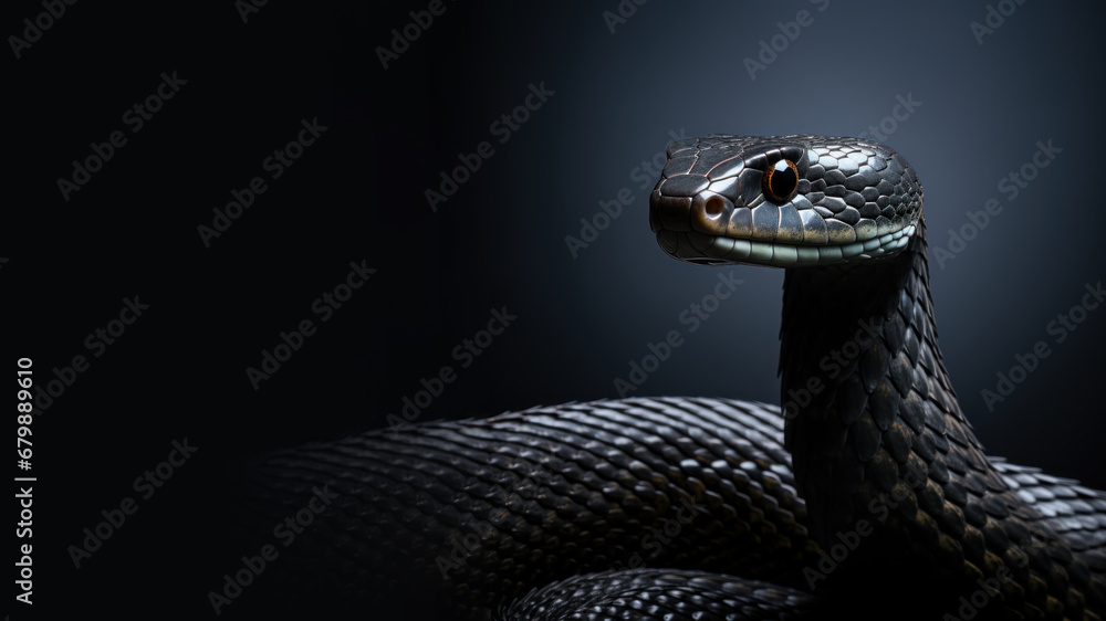 Fototapeta premium Black snake in alert position isolated on gray background
