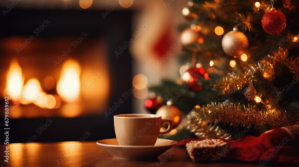 Cup of coffee and christmas tree on wooden table in front of fireplace. Cup of coffee and christmas tree on wooden table in front of fireplace.
