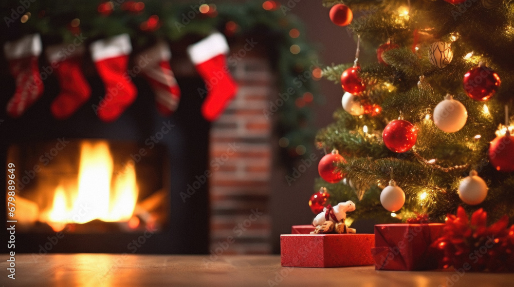 Christmas tree with gifts on the background of a fireplace and Christmas tree.