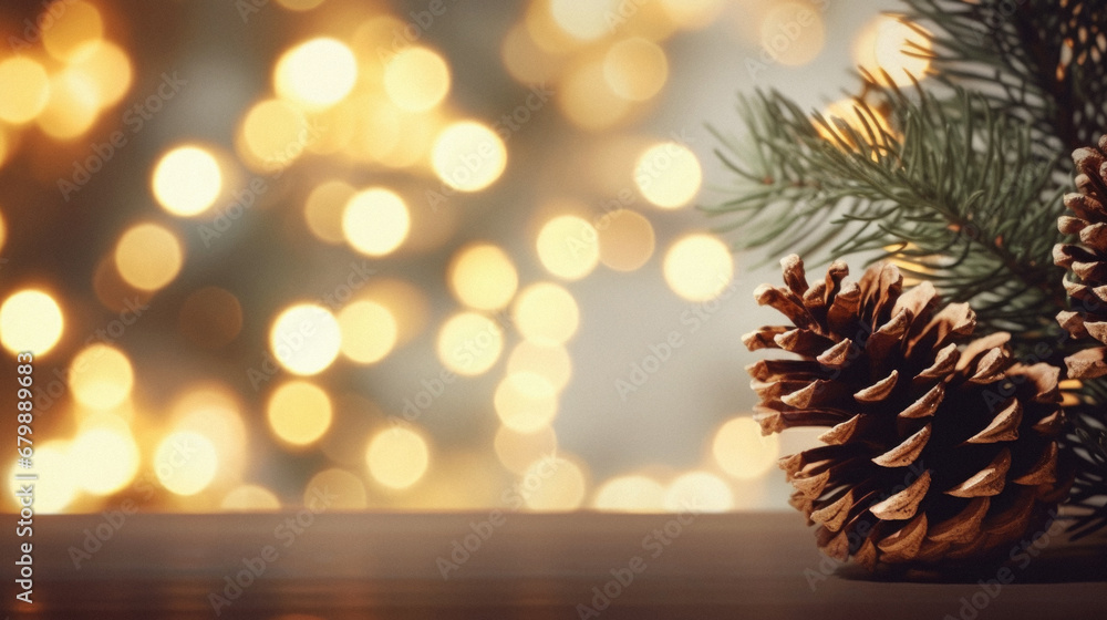Christmas background with pine cones and bokeh lights. Copy space.