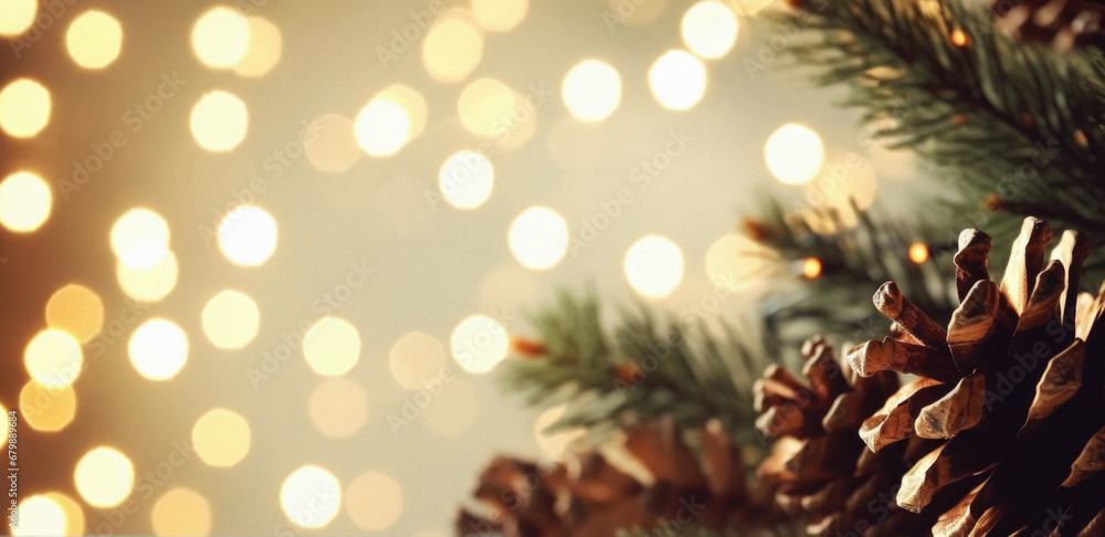Christmas background with pine cones and bokeh lights. Copy space. Christmas background with pine cones and bokeh lights. Copy space.