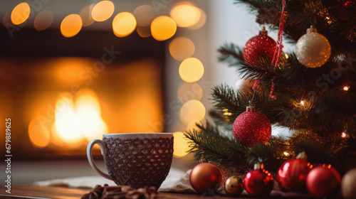 Wallpaper Mural Cup of coffee on the background of a cozy fireplace and Christmas tree. Torontodigital.ca