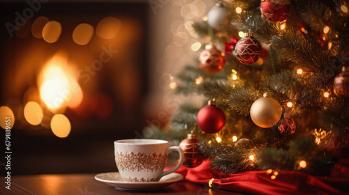 Cup of coffee on the background of the Christmas tree and fireplace.