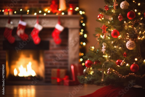 Beautiful Christmas tree in living room with fireplace and presents on background.