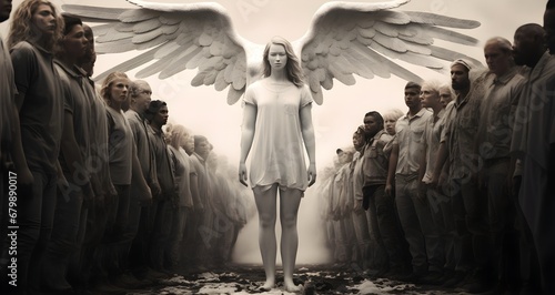 Angel in a crowed of worshippers. AI generated. photo