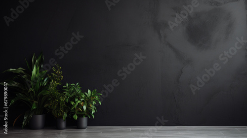 Fond d'un mur noir, texture ardoise avec petites plantes en décoration. Ambiance sombre. Arrière-plan pour conception et création graphique.
