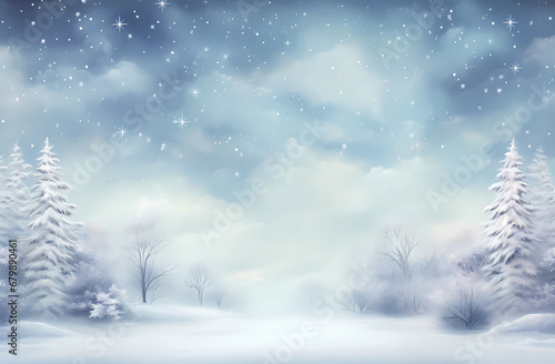 A snowbound winter landscape with lights and trees against a cold blue sky © ginstudio