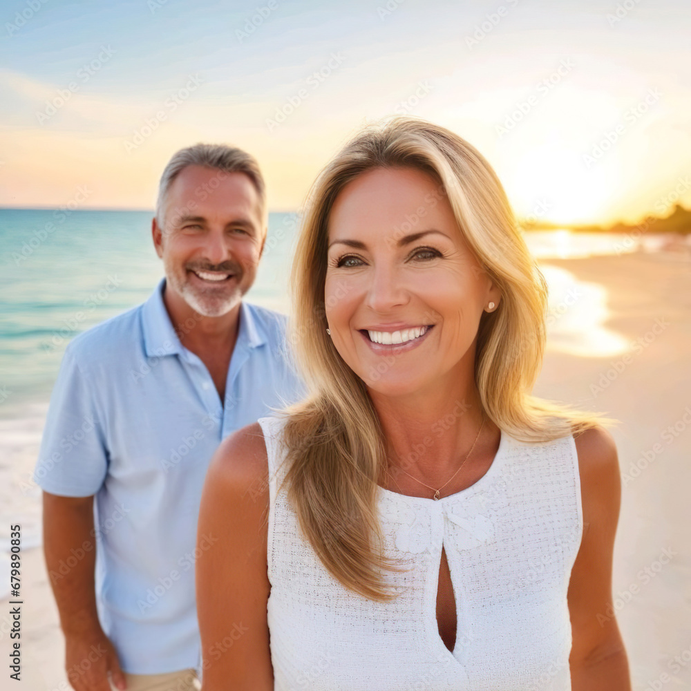 Mujer y hombre maduros sonriendo de vacaciones en una playa con una puesta de sol Mujer y hombre maduros sonriendo de vacaciones en una playa con una puesta de sol