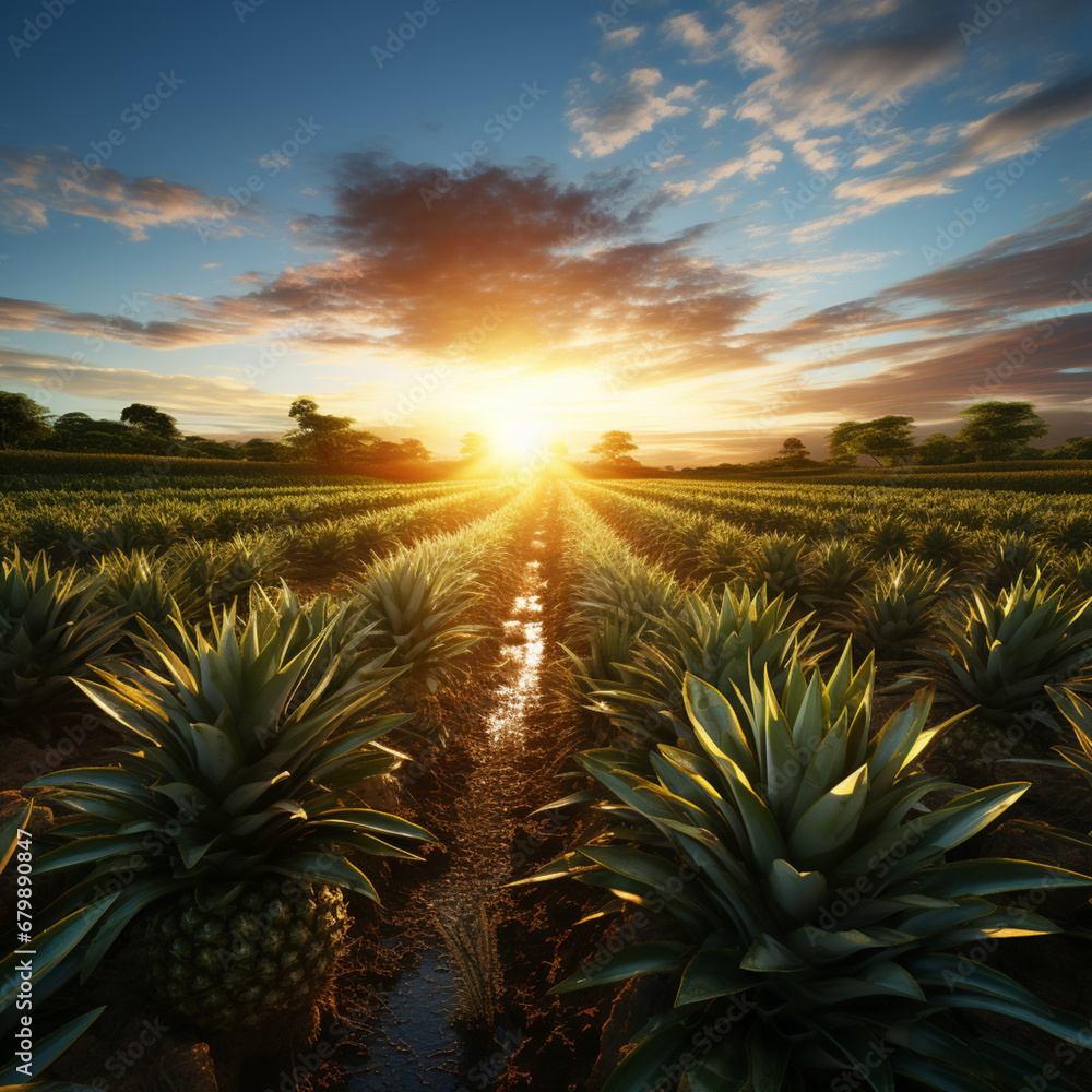 Contemplação da magnífica paisagem de uma plantação de abacaxi em uma fazenda ao nascer do sol. Contemplação da magnífica paisagem de uma plantação de abacaxi em uma fazenda ao nascer do sol.