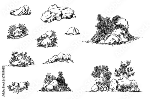 Minimal sketch style cad rock, stone line drawing, Side view, set of graphics decorate elements outline symbol for architecture and landscape design drawing. Vector illustration in stroke fill