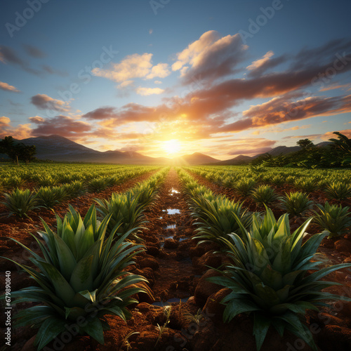 Contemplação da magnífica paisagem de uma plantação de abacaxi em uma fazenda ao nascer do sol. photo