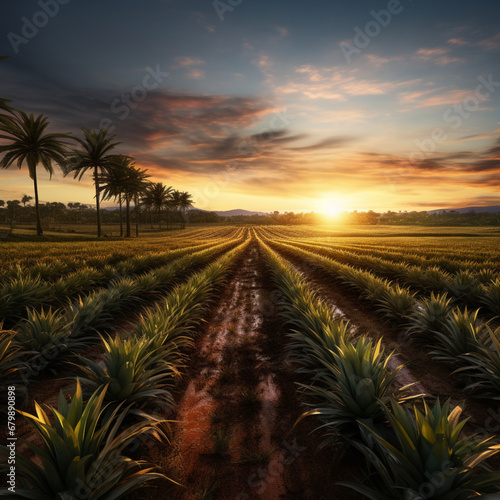 Contemplação da magnífica paisagem de uma plantação de abacaxi em uma fazenda ao nascer do sol.