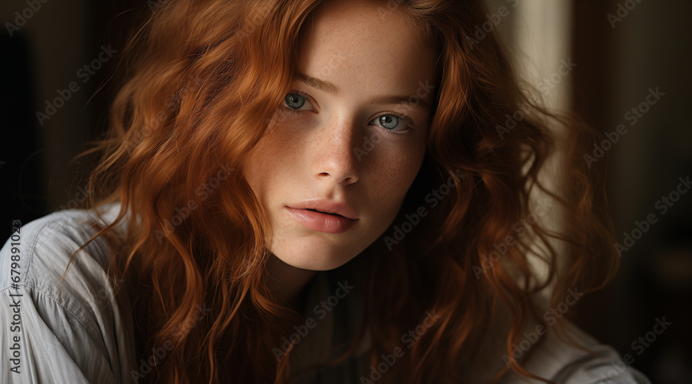 Naklejka premium Close-up portrait of a young woman with a soft warm glow on her face, she has freckles and her lips have a natural pink hue with a slight shine. soft brown hair
