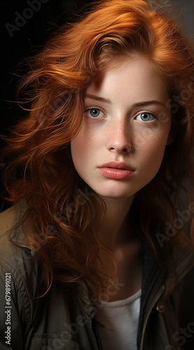 Close-up portrait of a young woman with a soft warm glow on her face, she has freckles and her lips have a natural pink hue with a slight shine. soft brown hair