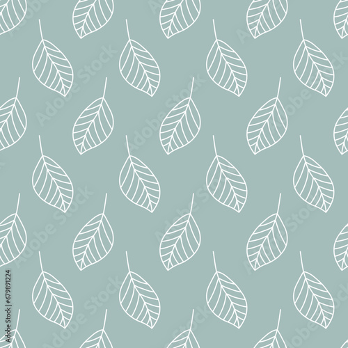 Leaf seamless pattern. Repeating leaves green background. Repeated nature patern for design prints. Line simple plant. Spring repeat texture. Hand draw soft monocrome silhouette. Vector illustration