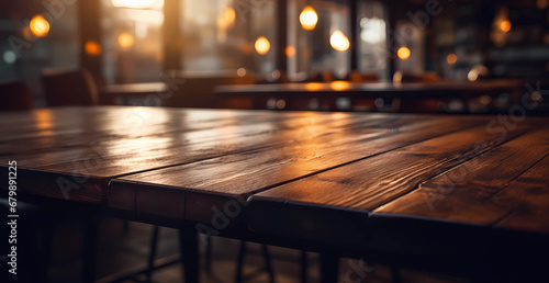 An empty wooden reclaimed wood restaurant table © Asep