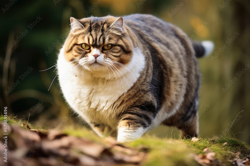 A fat cat that can hardly walk is looking for attention.
