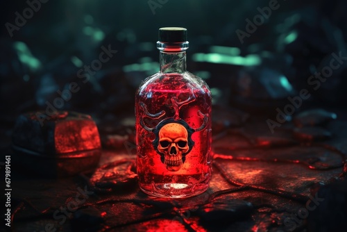 A bottle with a liquid and a poison symbol on it.