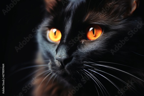 A close up of a black cat on a dark background.