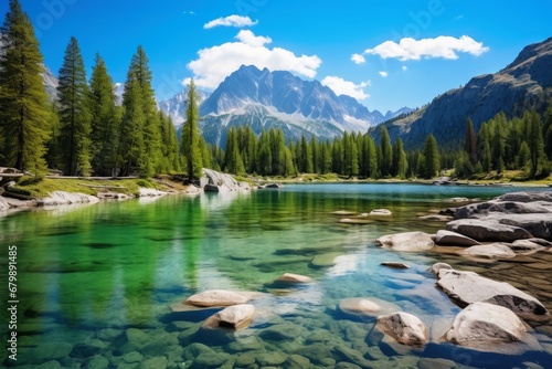 A crystal clear mountain lake in a beautiful mountain landscape.